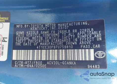 2007 Toyota Camry Solara Se z USA, uszkodzony, nr VIN 4T1CE30P97U759810